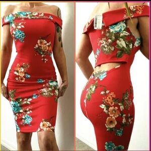 NWT LOVE CULTURE Midi Dress Cut Out Back Off Shoulder Floral Coral Orange Small
